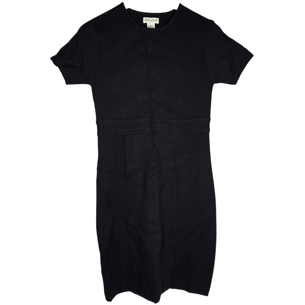 Ann Taylor XS Black‎ 100% Wool Knit Dress Short Sleeve Career Minimalist